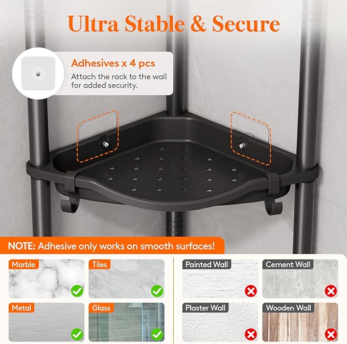 Lifewit Floor Standing Shower Caddy Corner, 5 Tier Plastic Shower Stand Rack with Adjustable Feet and Hooks, Rustproof Bathroom Shelf Organizer, Black，34 x 24 x 139 cm/13 x 9.5 x 55 inch
