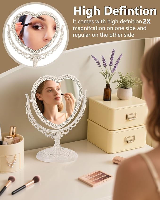 Heart Shaped Cute Vanity Princess Mirror for Desk,Double-Sided Rotatable Table with Stand Downtown Girl Room Coquette Decor (Beige)