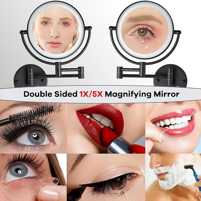 Rechargeable Bathroom Makeup Mirror with Light Wall Mounted, Brass 1/5X 2 Sided Magnifying Mirror with Extension Swing Arm, Touch Dimmable 360 Rotation Foldable Led Vanity Mirror, Matte Black