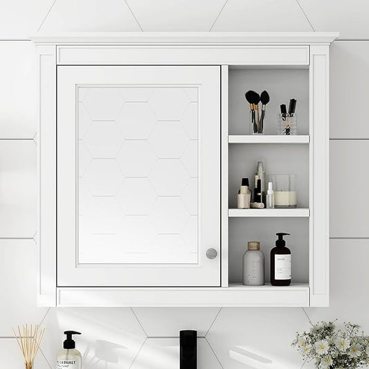 Merax Bathroom Medicine Cabinet with Mirror, 30" x 28" Wall Mounted Medicine Cabinet with Single Door and Shelves, Over The Toilet Mirrored Bathroom Storage Wall Cabinet