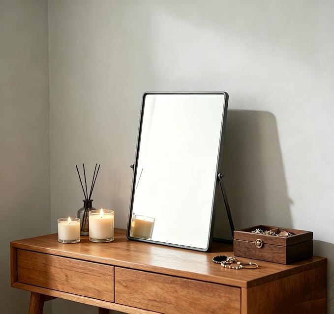 Feyarl Desktop Makeup Vanity Mirror 11.8 x 7.87 Inch Tabletop Mirror 90° Rotation Decorative Standing Cosmetic Mirror for Home Deco Bedroom Bathroom Desk Dresser (Gunmetal Black)