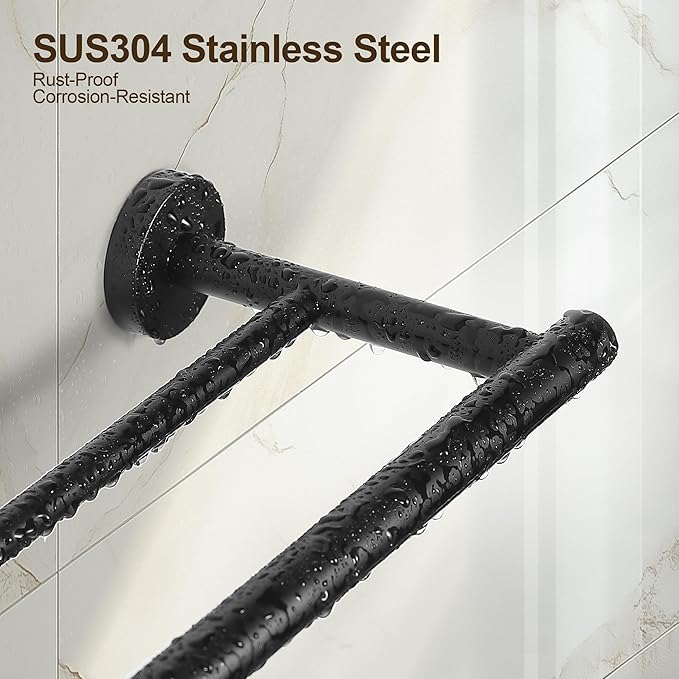 SEIDO Double Towel Bar for Bathroom Wall 16”L, 304 Stainless Steel Bathroom Towel Holder, 2-Bar Design Bathroom Towel Rack, Matte Black, 16 inch