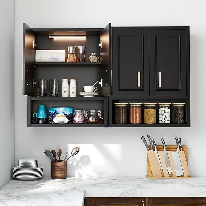 VANIRROR Black Wall Cabinet 23x29 inch for Bathroom Laundry Room Bedroom Kitchen Wood Medicine Cabinet, DIY Lighting, Soft-Close Hinge, 2 Door,Above Toilet Storage