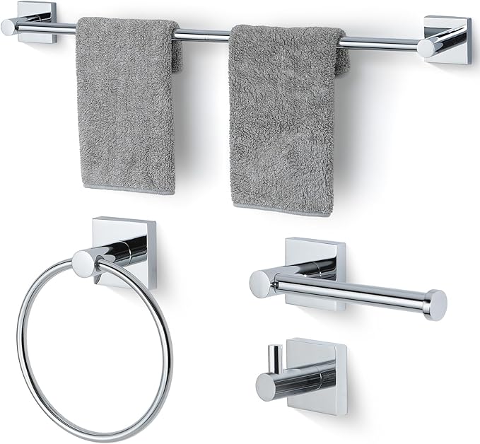 Bathroom Accessories Set Polished Chrome Towel bar Set, 4 piece Towel Rack Set Towel bar for Bathroom wall Mounted Durable 24 inch Towel bar Robe Hook Towel Ring Toilet Paper Holder