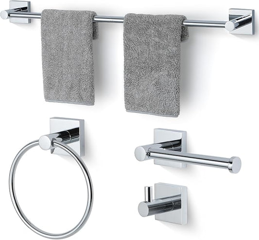 Bathroom Accessories Set Polished Chrome Towel bar Set, 4 piece Towel Rack Set Towel bar for Bathroom wall Mounted Durable 24 inch Towel bar Robe Hook Towel Ring Toilet Paper Holder
