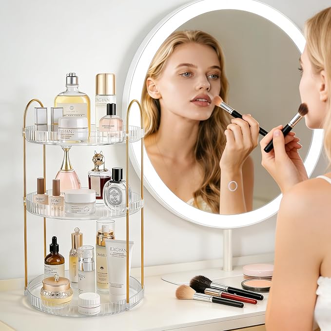 Anyoifax 360 Rotating Makeup Organizer 3 Tier Large Capacity Perfume Skincare Tray for Dresser Spinning Bathroom Counter Organizer for Vanity Lazy Susan Turntable Storage for Kitchen, Clear