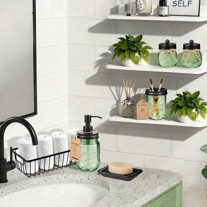 SheeChung Green Bathroom Accessories Set, 6Pcs Mason Jar Glass Bathroom Set, Lotion Soap Dispenser, Toothbrush Holder, Qtip Holder, Soap Dish, Metal Wire Basket, Rustic Farmhouse Bathroom Decor-Black