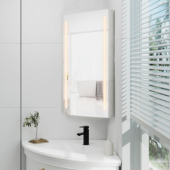 Corner Medicine Cabinet Mirror with Lights,Lighted Medicine Cabinet with Mirror,Led Mirror Cabinet for Bathroom,14x 24 Small Corner Wall Cabinet,White