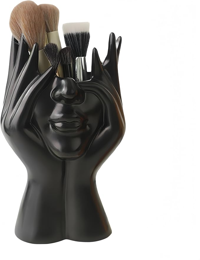 Make Up Brush Holder Organizer Face-Shaped Pen Holder Vase Organizer Abstract Art Face Hand Design Travel Cosmetic Holder | Makeup Organizer For Brushes (black)