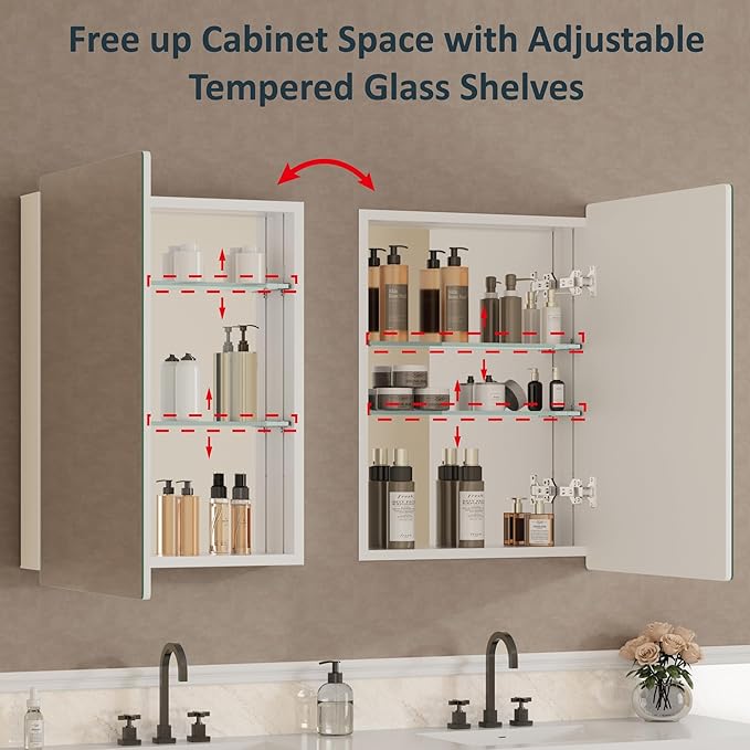 20x28 Inch Medicine Cabinet with Mirror, Recessed or Surface Mounted Bathroom Cabinets for Storage, 2 Fully Adjustable Tempered Glass Shelves, Soft-close DTC Hinges, HD Reflection Mirror Door, White