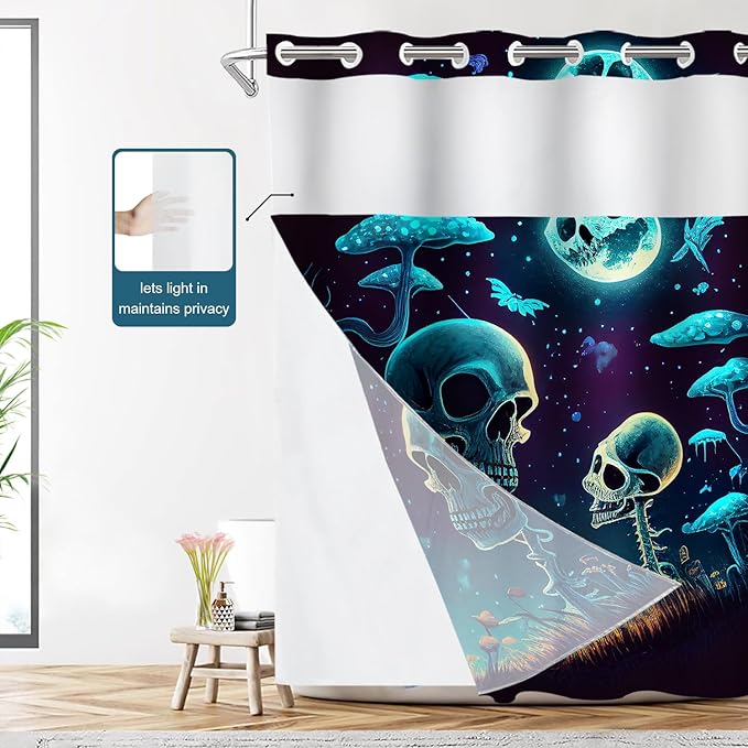 Shrahala Happy Halloween Funny No Hooks Shower Curtain with Snap in Liner Set, Skeletons Grass Mushrooms Starry Sky Bathroom Décor Polyester Fiber Waterproof for Stall Bathtubs 71 x 86 in