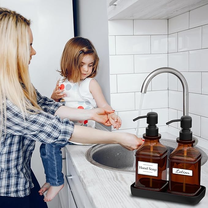 LMQML Soap Dispenser - 2 Pack, Antique Design Thick Amber Glass Hand Soap Dispensers with Sturdy Tray; 304 Rust Proof Stainless Steel Black Pump, 12Pcs Stickers, for Kitchen, Bathroom- Black