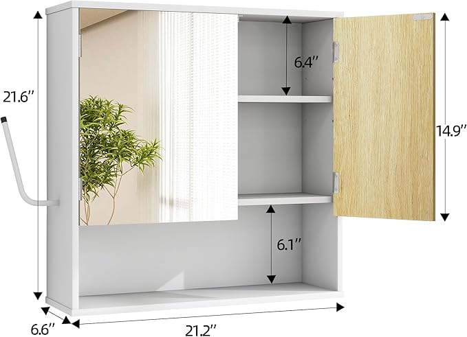 Bathroom Wall Cabinet With Mirror,wall mounted bathroom cabinet,Medicine Cabinet with 2 Door ,Side Hook,Light and Adjustable Shelves,White Cabinet with Wood Grain,Over The Toilet Space Saver Cabinet.