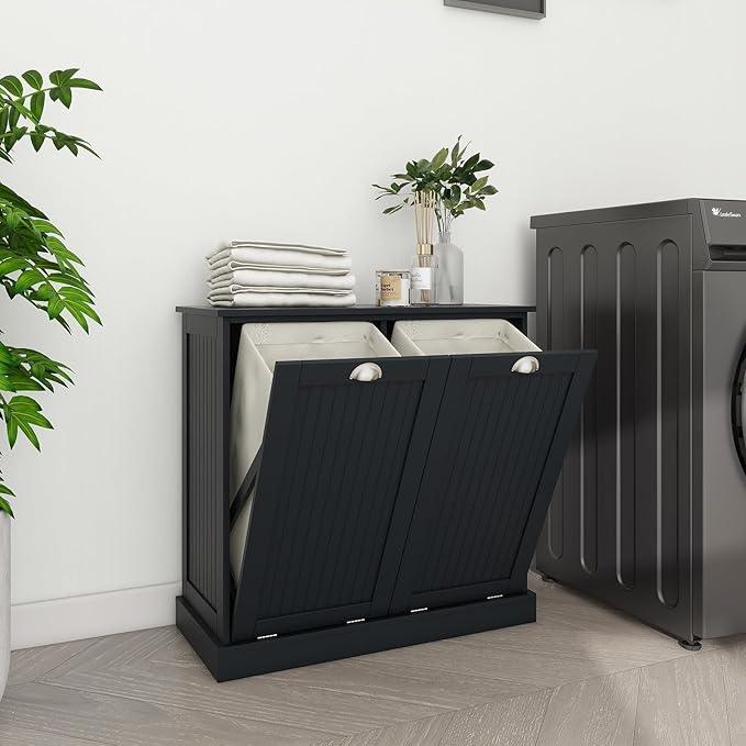 Locsear Tilt Out Laundry Hamper Cabinet with Removable Basket, Double Hidden Laundry Hamper Cabinet, Wood Bathroom Storage Cabinet, Free Standing Home Organizer, (Black)