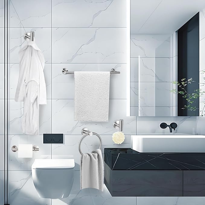 5-Piece Towel Racks for Bathroom, Stainless Steel Bathroom Accessories Set, Bathroom Towel Holder Wall Mounted, Sturdy Bath Towel Bar Set Bathroom Hardware Set (Brushed, 2 Pillar Paper Holder)