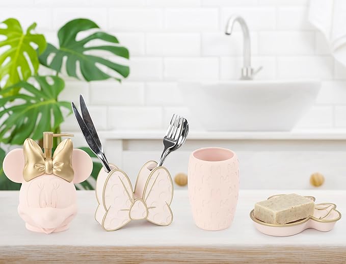 Jay Franco Disney Minnie Mouse Organizer Set - 4 Piece Pink Accessories Includes Resin Soap Dispenser, Soap Dish, Toothbrush Holder and Tumbler - Bathroom Décor