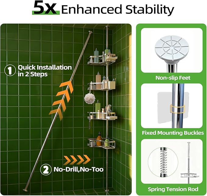 Corner Shower Caddy Tension Pole, 4 Tier Rust-Resistant Adjustable Bathroom Organizer Shelves, Bathtub Storage Rack with Soap Holder, No-Drill Install, Floor to Ceiling Rod 47-121 Inch, Silver