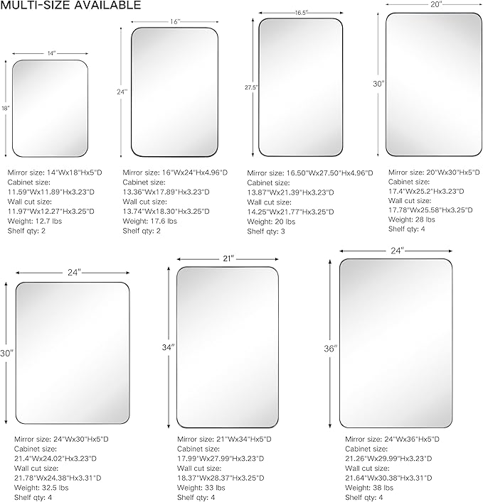 Matt Black Rectangle Recessed Bathroom Medicine Cabinet with Mirror Stainless Steel Metal Framed Rounded Rectangular Bathroom Cabinet with Mirror 20x30''