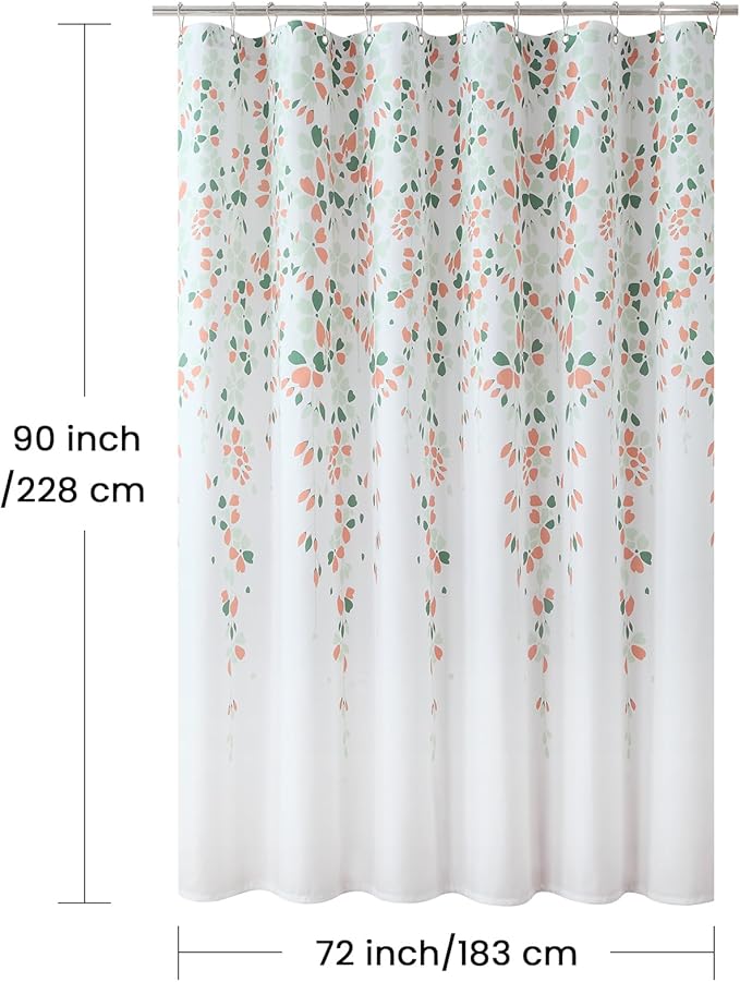 90 Inch Fabric Shower Curtain, Extra Long Orange and Sage Green Floral Shower Curtains for Bathroom, Waterproof Bathroom Curtains, 72" W x 90" H