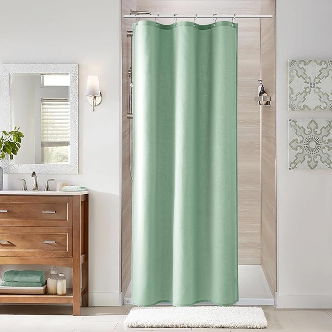 Naturoom Aqua Green 36 Inch Shower Curtain - Stall Narrow Half Linen Ultra Thick Fabric Shower Curtain Set with Hooks, Boho Farmhouse Rustic RV Camper Bath Curtains for Bathroom, 36x72