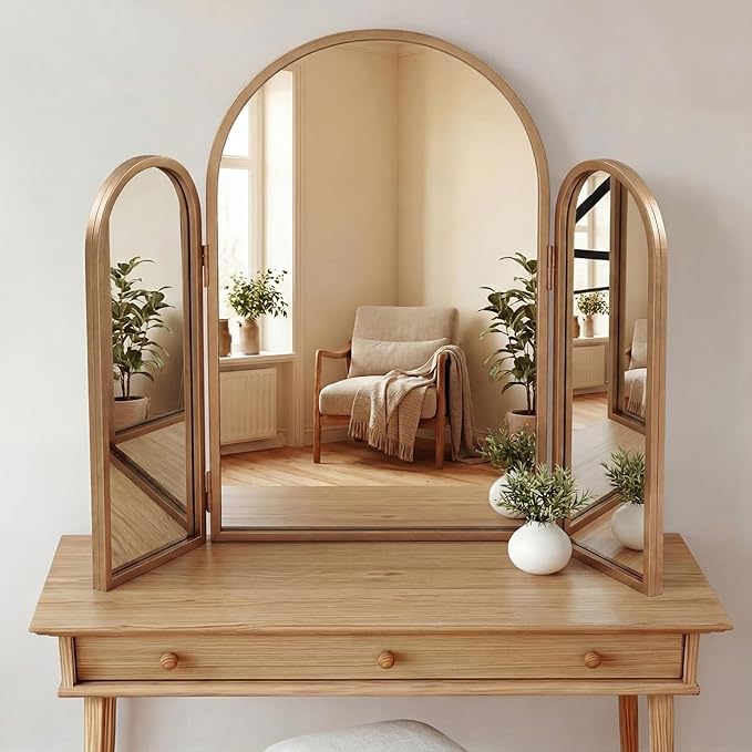 Wonderjune Trifold Vanity Mirrors 3 Way, 30 x 37 in Adjustable Arch Trifold Mirror for Bathroom Bedroom, Decorative Folding 3 Sided Mirror Wall Mounted for Braiding Hair Makeup(Vintage Gold)