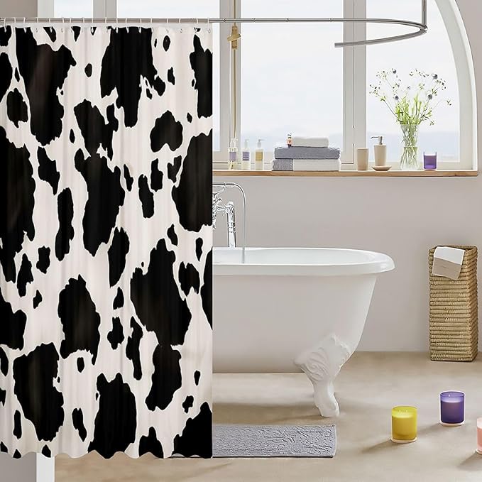 Feelyou Milk Cow Fur Bath Curtain Farmhouse Cowhide Shower Curtain for Girls Teens Decor Cattle Fur Black White Bathroom Fabric Shower Curtain Set Animal Skin Waterproof Curtains 72"x72"