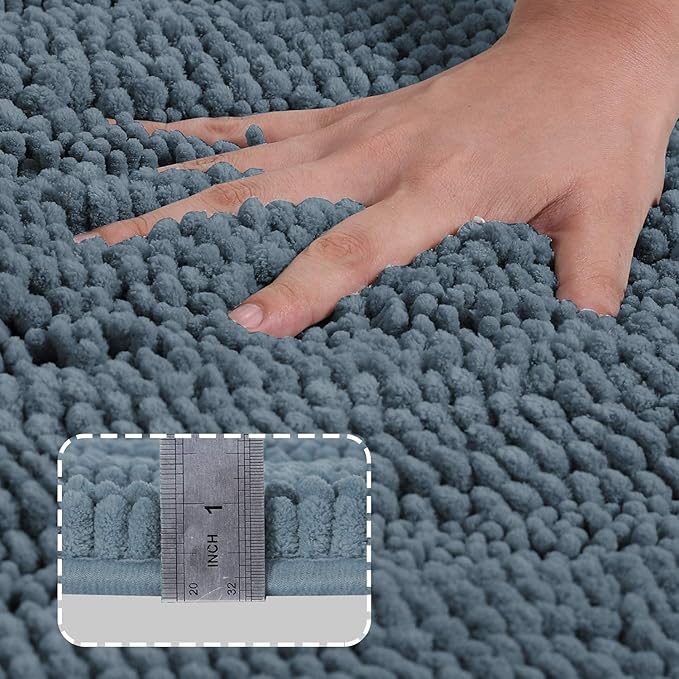 Turquoize Chenille Bathroom Rugs Set Non-Slip Bath Mats for Bathroom Super Absorbent Shaggy Rugs for Tub Toilet Soft Bath Rug Plus U Contour Rug (Oversized: 24" x 36" and 20" x 24" U), Stone Blue