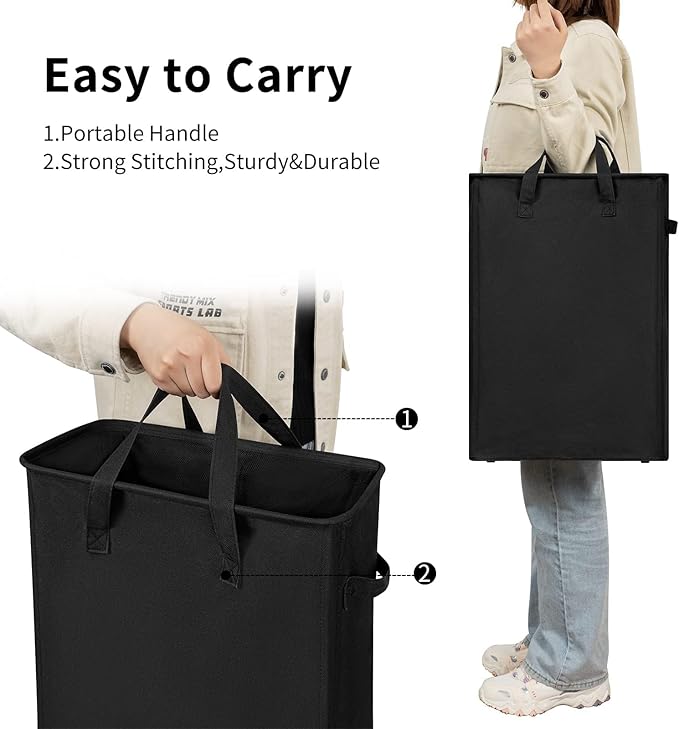 ZERO JET LAG Slim Laundry Hamper With Handles Collapsible Laundry Basket Thin Dirty Clothes Basket Narrow Laundry Bag Foldable Dirty Clothes Hamper 45L (24 inches,Black)