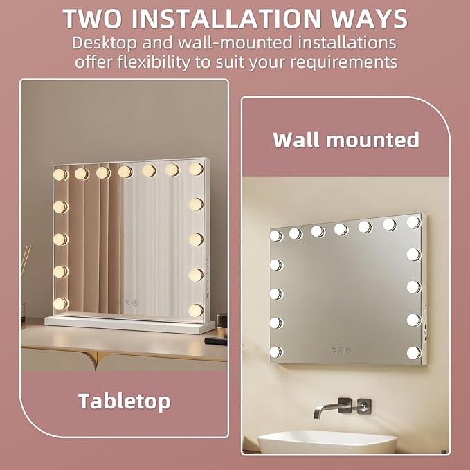 Hollywood Vanity Mirror with Lights, 22.05"x18.11" Hollywood Mirror with 10X Magnification, 3 Color Lighting Modes & 15 Dimmable LED Bulbs Makeup Vanity Mirror for Desk Wall-Mounted
