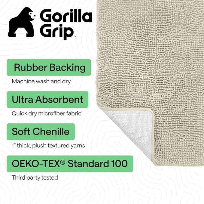 GORILLA GRIP Bath Rug Mat 30x20, Thick Soft Absorbent Chenille, Quick Dry Microfiber Mats, Rubber Backing Washable Shower Floor Rugs, US Designed Bathroom Bathmat Home Decor Accessories, Dusty Cloud