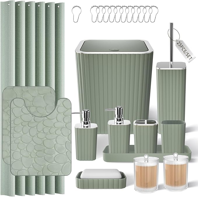 XLHOMO Bathroom Accessories Set - 25PC Sage Bathroom Set, Bathroom Set with Shower Curtain and Rugs, Sage Green Shower Curtain Set, Bathroom Accessory Set, Trash Can & Soap Dispenser
