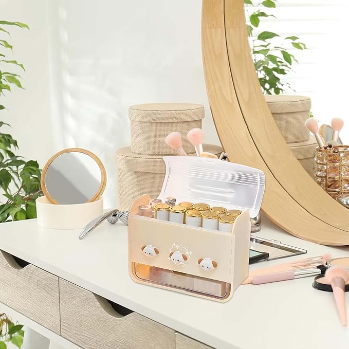 Lipstick Organizer Storage Box with 12 Slots and Drawer, Dust-proof Vanity Case for Lip Gloss, Chapstick, and Cosmetics - Desktop Makeup Container (Yellow)