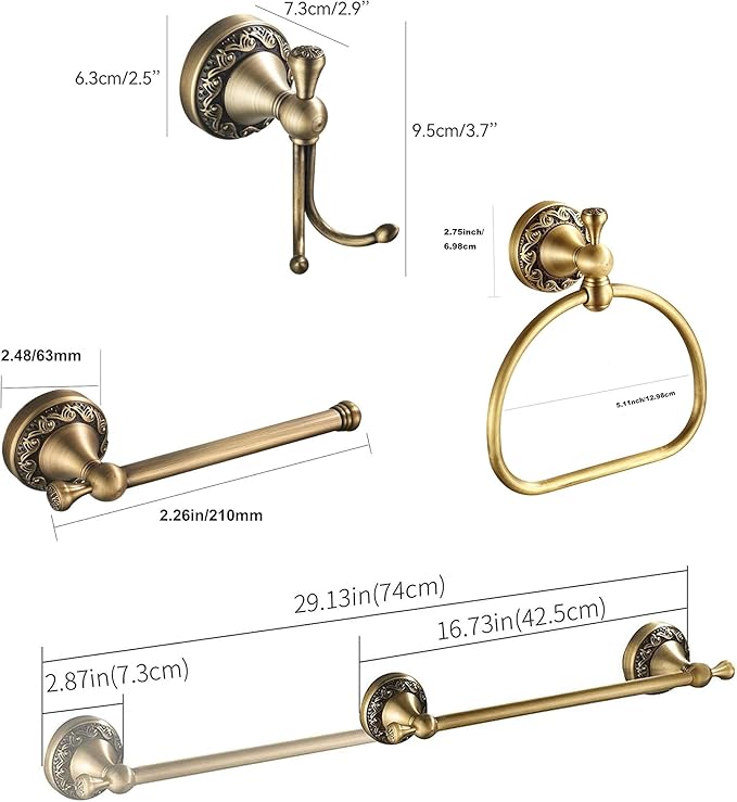 Antique Brass Toilet Paper Holder Towel Ring, Antique Towel Hook Towel Bar Adjustable 4pcs,Brass Hand Towel Holder Robe Hook Wall Mount Bathroom Accessories Set