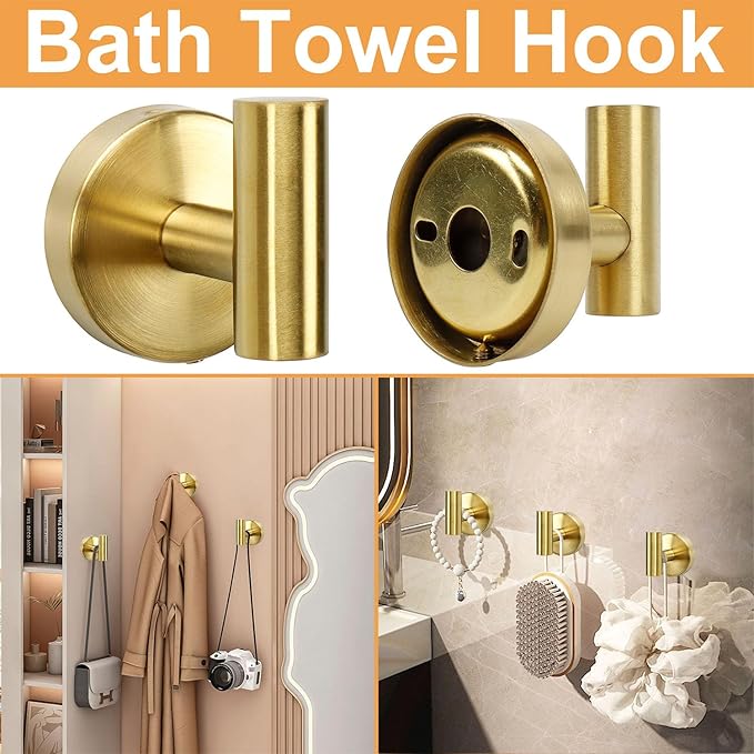 TocTen Bathroom Hardware Set, Thick Stainless Steel Bath Towel Bar Set Including Towel Rack for Bathroom+Toilet Paper Holder+3 Robe Towel Hooks Wall Mount Bathroom Accessory Set(24IN,Brushed Gold)