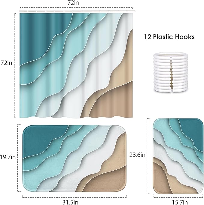 ArtSocket 3 Pcs Shower Curtain Set with Rugs, Abstract Summer Beach Bathroom Set with Non-Slip Rug Bath Mat and 12 Hooks 72x72 inches
