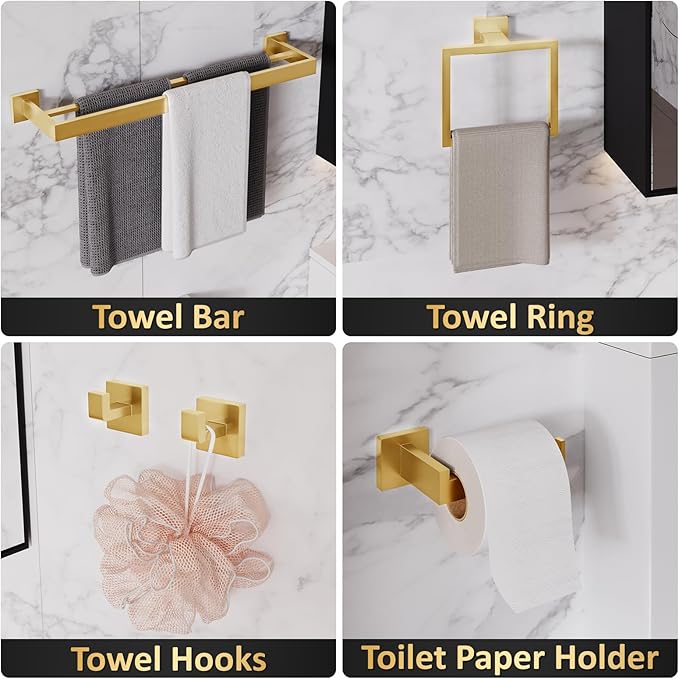 10-Pieces Bathroom Hardware Set,23.6inch Wall Mounted Double Towel Bar Set，Towel Rack&Toilet Paper Holder&Towel Ring and Towel Hook;Bathroom Accessories Set(Gold)
