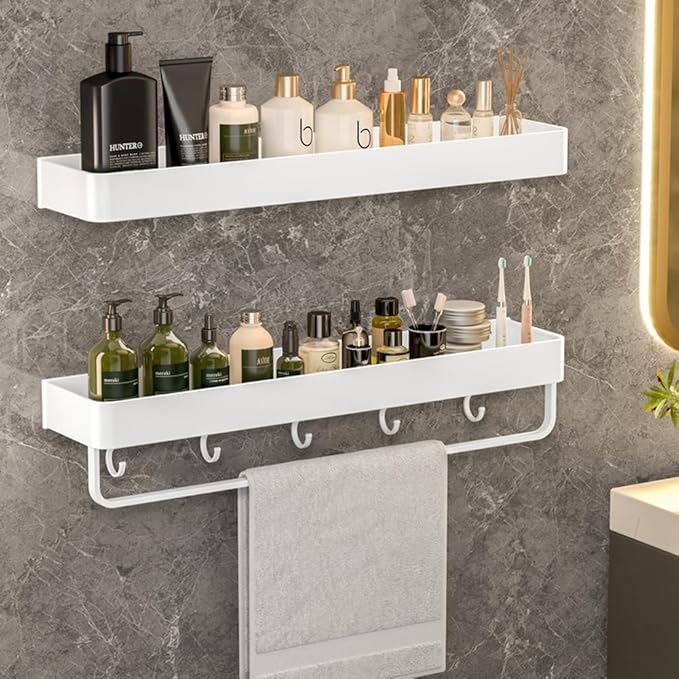2-Tier Floating Shelf with Removable Hooks, Bathroom Shelves Wall Mounted (White)