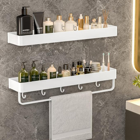 2-Tier Floating Shelf with Removable Hooks, Bathroom Shelves Wall Mounted (White)
