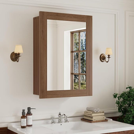 Buruis 20 x 28 Inch Walnut Grain Medicine Cabinet with Mirror, Recessed or Wall-Mounted Wood Storage Cabinet for Bathroom, Adjustable Shelves, Soft-Close Hinges, Rectangle