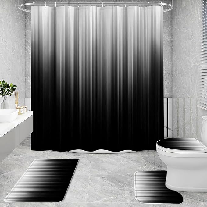 Litabel 4 Pcs Grey and Black Gradient Shower Curtain Set with Rugs and Toilet Lid Cover, Modern Simple Waterproof Fabric Bathroom Set, Ombre Stripe Gothic Abstract Bathroom Decor Set Accessories