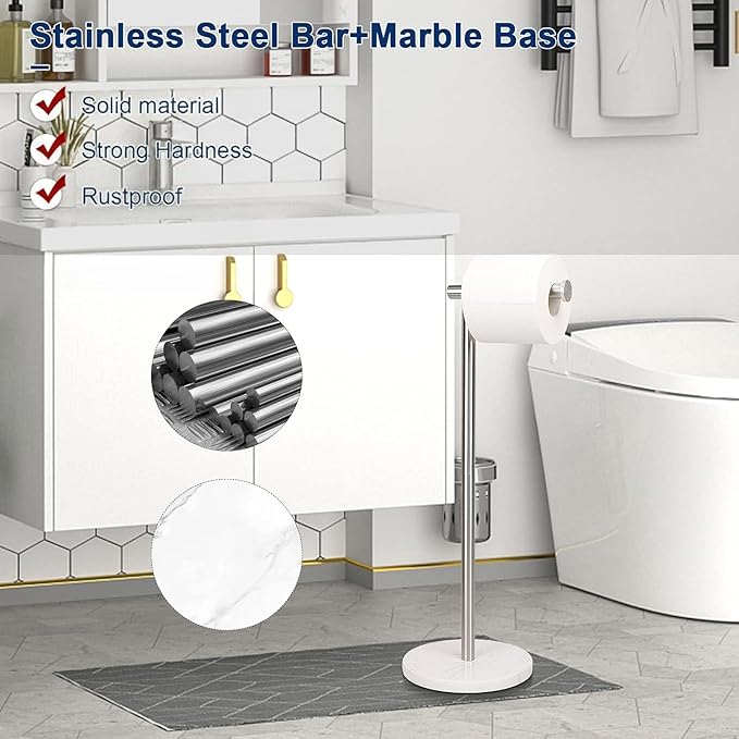 NearMoon Bath Toilet Paper Holder Stand- Modern Tissue Roll Holder Standing with Balanced Base, Rustproof Toilet Roll Holder for Bathroom/Kitchen Countertop (Chrome Finish, Marble Base)