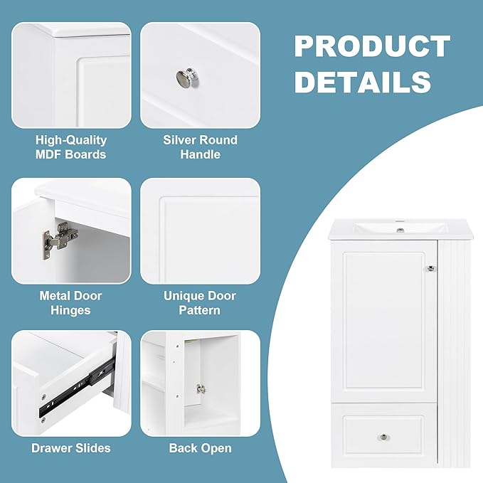 Virubi 20 in Small Bathroom Vanity with Sink,Drawer,Doors and Side Storage & Toilet Paper Holder, Solid Wood & MDF Modern Single Bathroom Sink Cabinet with Drawers,Freestanding (White,20 in)