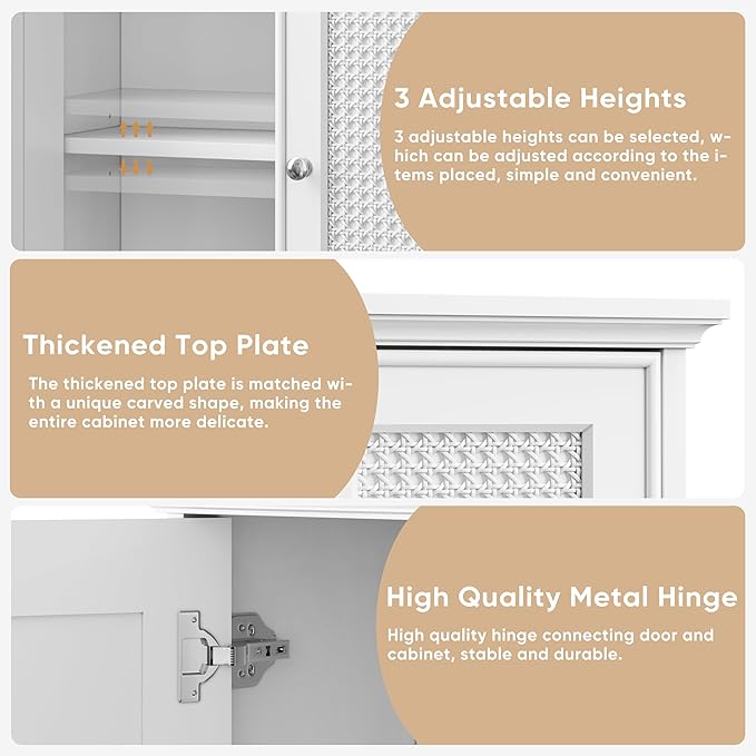 Smuxee White Bathroom Medicine Cabinet, Wall Mounted with Rattan Doors, 22.1" W x 23.6" H x 8.6" D, Adjustable Shelves, Wall Cabinet Over Toilet for Laundry Room Kitchen