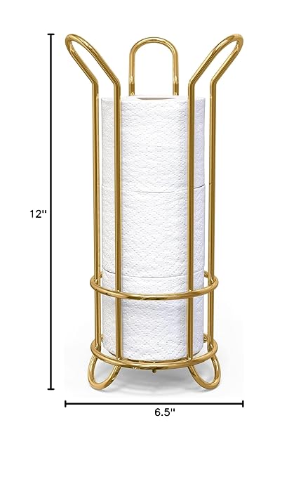 BROOKSTONE Toilet Paper Holder Stand, Modern and Minimal Free Standing Toilet Paper Stand with Storage, Bathroom Tissue Organizer that Holds Mega Rolls - Gold