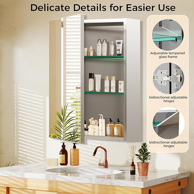 16 x 24 Inch Bathroom Medicine Cabinet with Mirror, Medicine Cabinet Mirror, Bathroom Mirror with Storage with 2 Adjustable Shelves, Assembly Required, Support Recessed or Surface Mount