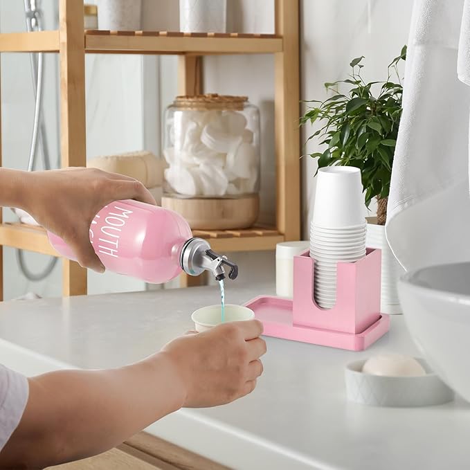 Glass Mouthwash Dispenser for Bathroom, 16 OZ Mouthwash Dispenser with Pour Spout and Wood Cup Holder and Tray, Mouth Wash Bottle Container, Farmhouse Kitchen Bathroom Decor and Accessories, Pink