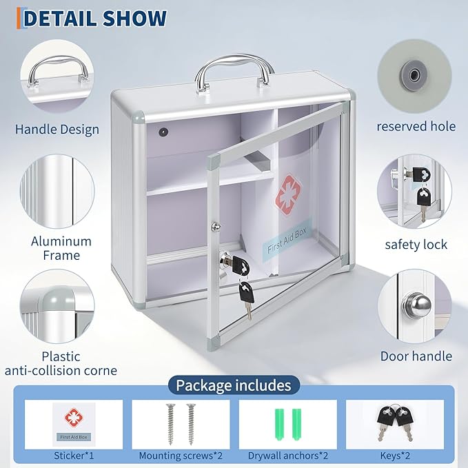 Garvee Medium Lockable Medicine Cabinet with Handle,Protable First Aid Cabinet Wall Mount with Sticker for Bathroom,13.78"×5.51"×11.81",Sliver