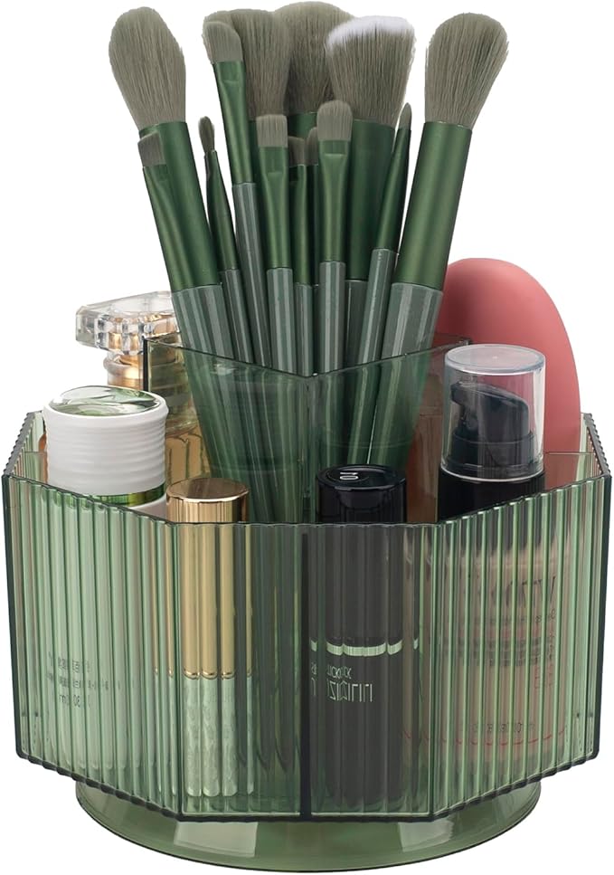 Makeup Brush Holder, 360?? Rotating Makeup Brush Organizer, Cosmetic Brushes Storage with 5 Slots for Vanity, Multi-Functional Pen Holder, Colored Pencil, Art Brushes Organizer for Desk (Green)