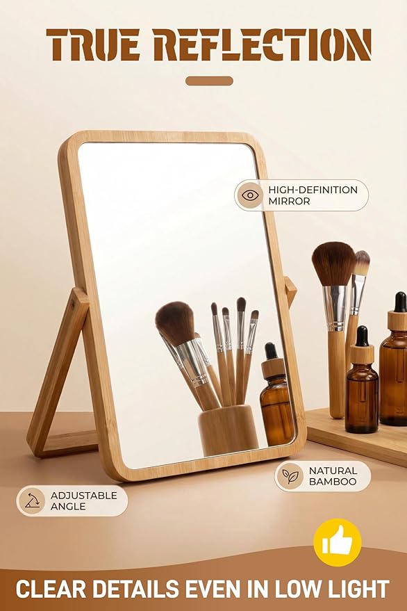Tumecos Folding Bamboo Vanity Mirror, Tabletop Makeup Mirror, Adjustable HD Rectangle Mirror with Sturdy Stand, Natural Bamboo Frame for Bathroom, Bedroom, Dressing Room,Gift,M