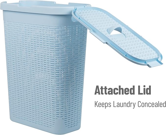 Mind Reader Slim Laundry Hamper with Lid, 40L Clothes Basket, Narrow Tapered Design with Ventilated Cutout Pattern, Plastic, Baby Blue